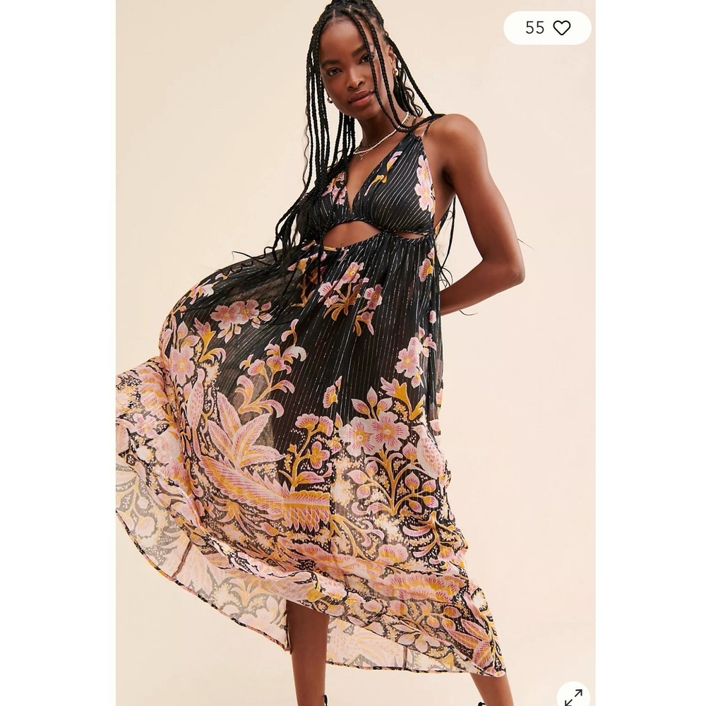Anthropologie Cutout Maxi Dress Sheer Black Motif Size‎ XS Cover Up Boho